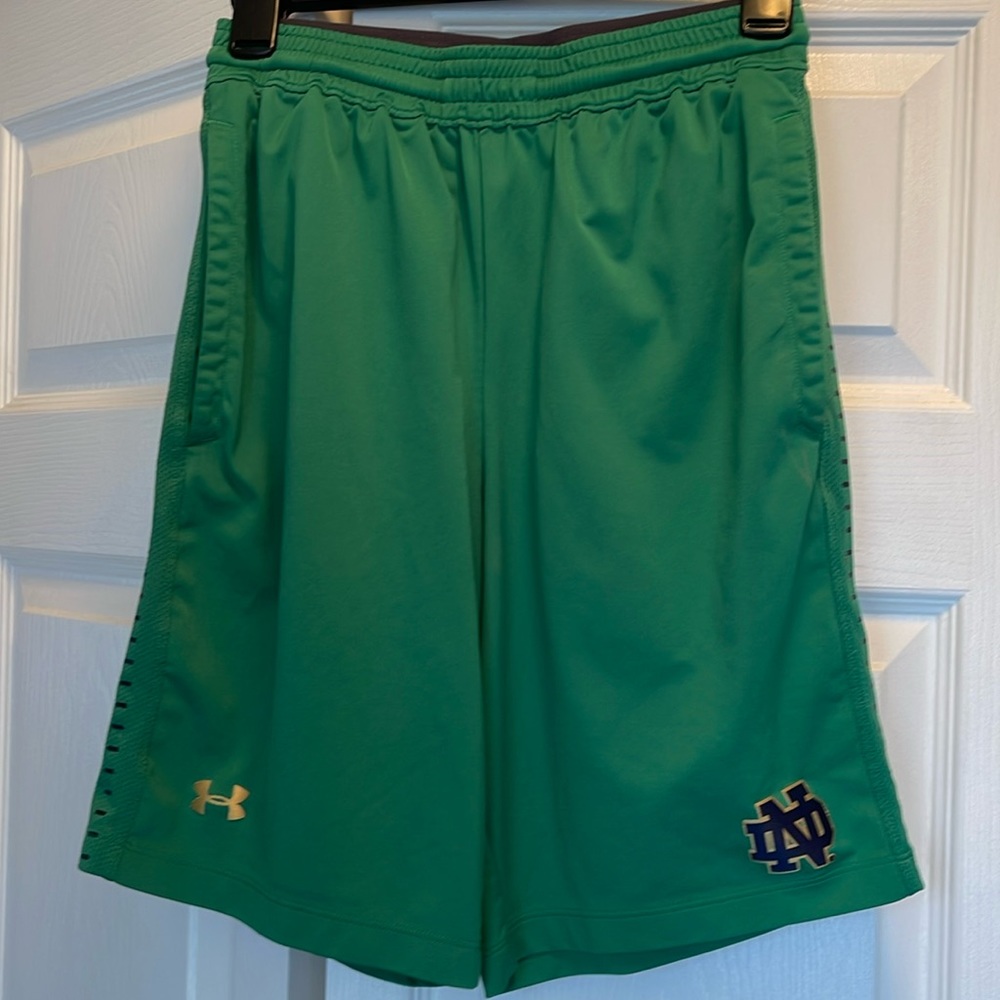 Under Armour Notre Dame men’s green athletic shorts.